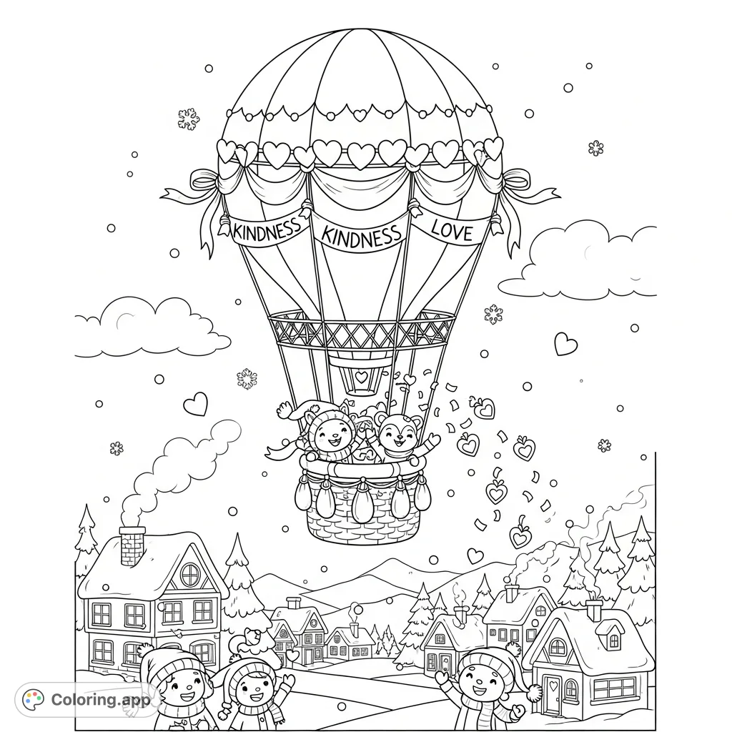 A whimsical hot air balloon decorated with hearts and kindness banners floats over a snowy village, with woodland creatures showering love confetti below.