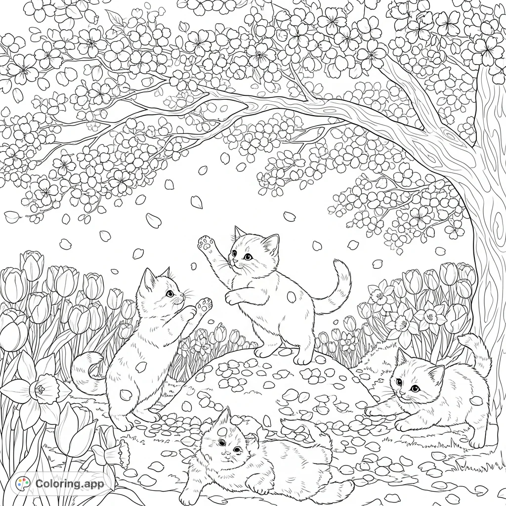 An adorable spring scene with playful kittens batting, pouncing, and tumbling in a shower of delicate cherry blossom petals, surrounded by cheerful spring flowers.