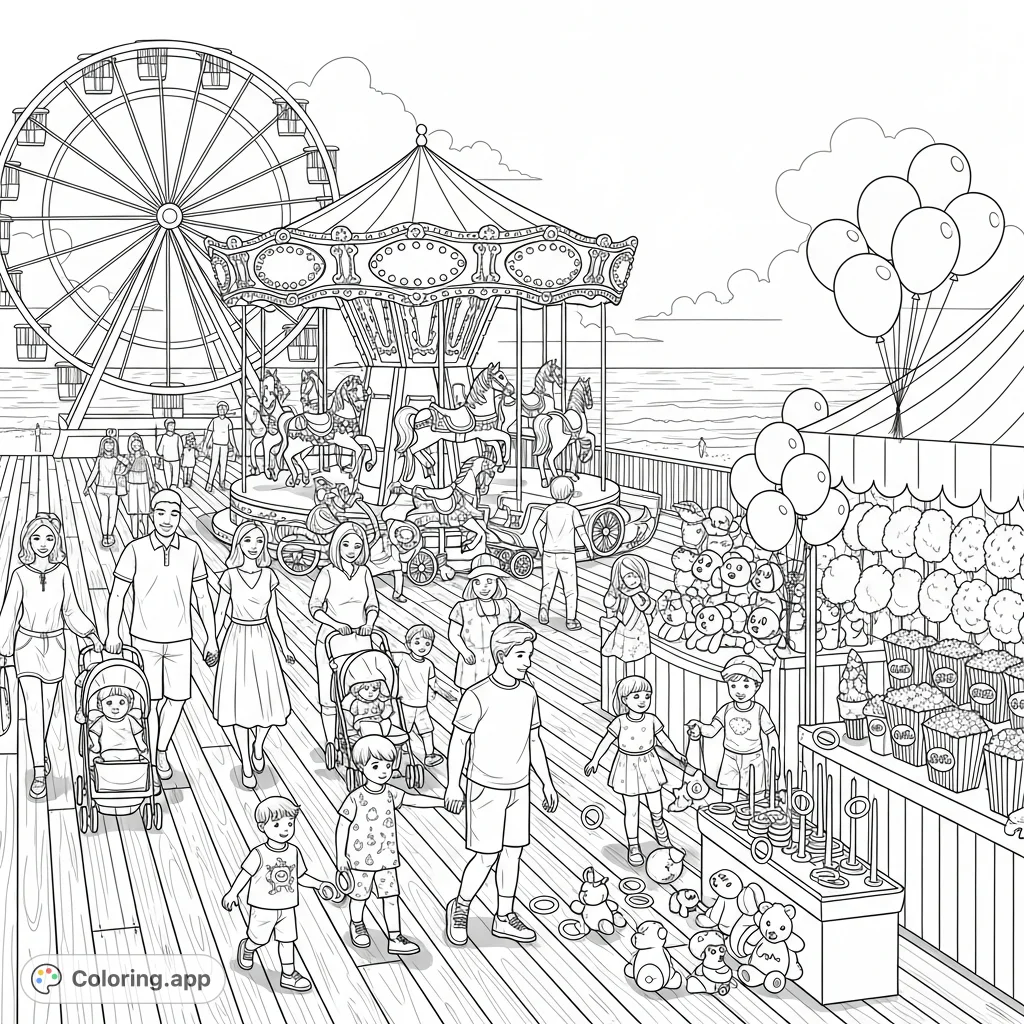 A vibrant boardwalk scene with families, a spinning carousel, towering Ferris wheel, carnival games, and stalls brimming with treats, all by the sparkling ocean.