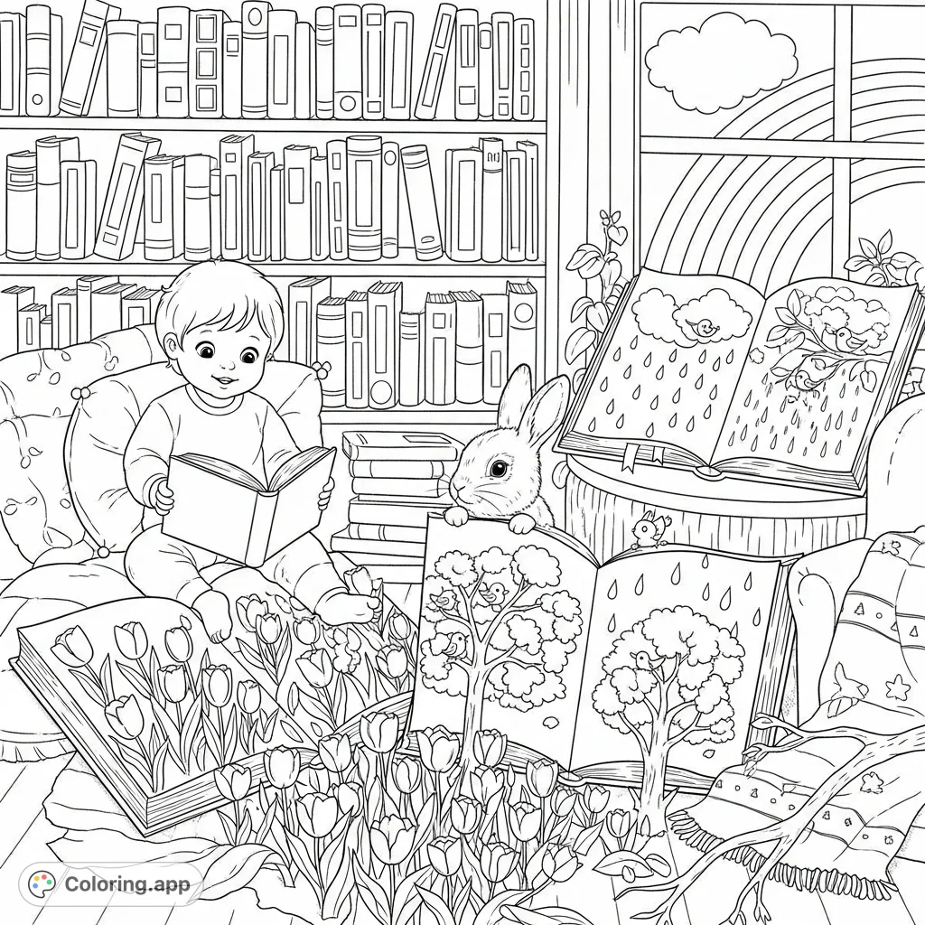 A magical library nook where open books reveal enchanting scenes: blooming tulips, nesting birds, and a rainbow, captivating a child and rabbit.