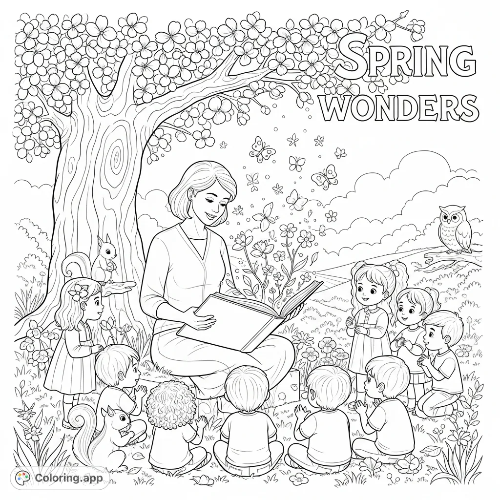 A heartwarming scene: a teacher reads a magical book from which spring life emerges. Children and forest animals gather in a vibrant meadow, captivated.