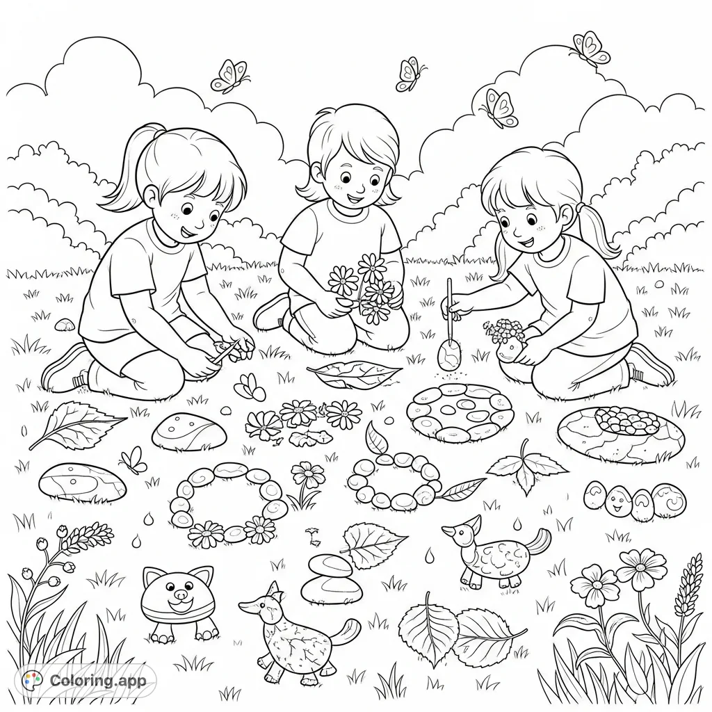 A charming summer meadow scene featuring children engaged in creative nature art, meticulously arranging wildflowers, leaves, and stones into unique designs.