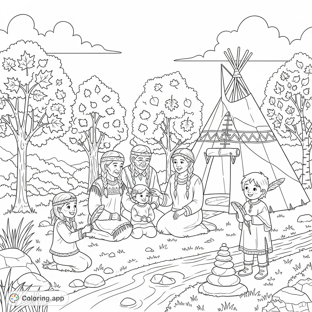 A heartwarming scene of a Native American family outside a traditional dwelling, surrounded by autumn trees and a stream, with children playing.