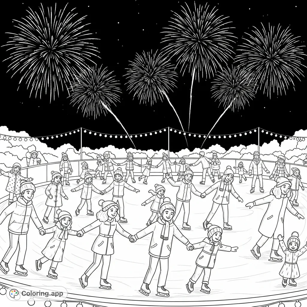 Capture the magic of a New Year's Eve ice skating celebration with joyful skaters, twinkling lights, and a spectacular fireworks display in the winter night sky.