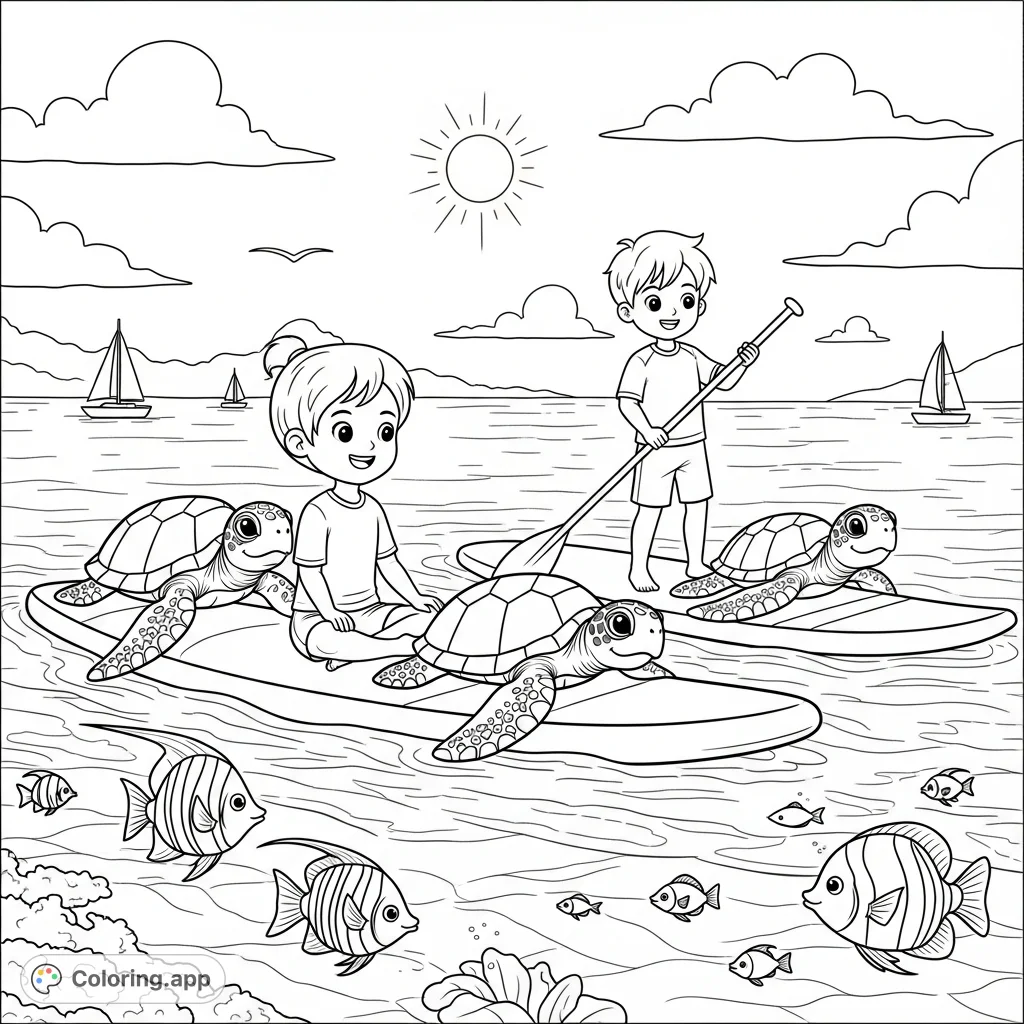 A joyful group of children and gentle sea turtles paddleboard on a serene bay. Vibrant fish swim nearby, with sailboats in the distance under a sunny sky.