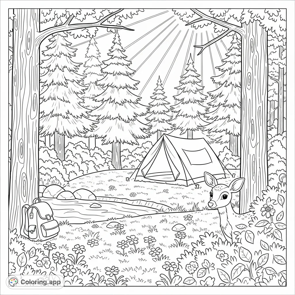 A serene summer camping scene featuring a tent by a stream, surrounded by tall pines and wildflowers, with a curious deer peeking from a bush. Sunlight dapples the forest floor.