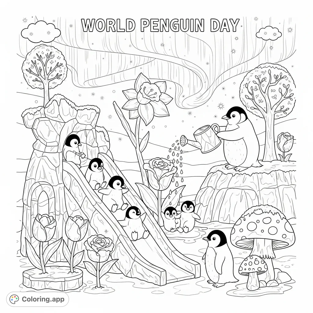 A joyful penguin family creates a whimsical 'spring ice garden' with intricate ice sculptures, daffodil slides, and shimmering aurora, perfect for detailed coloring.
