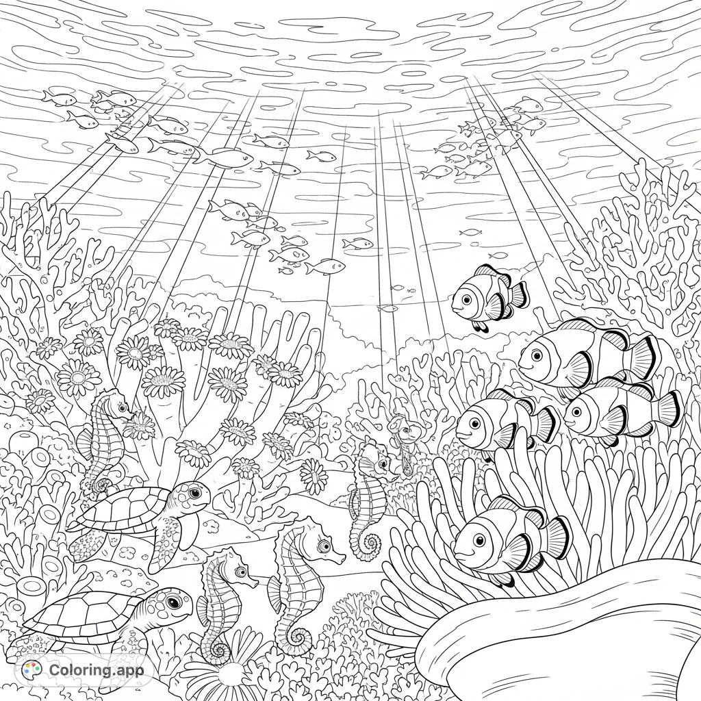 A delightful underwater scene with playful baby seahorses, curious clownfish, and gentle turtles exploring a vibrant coral garden, bathed in dappled sunbeams.