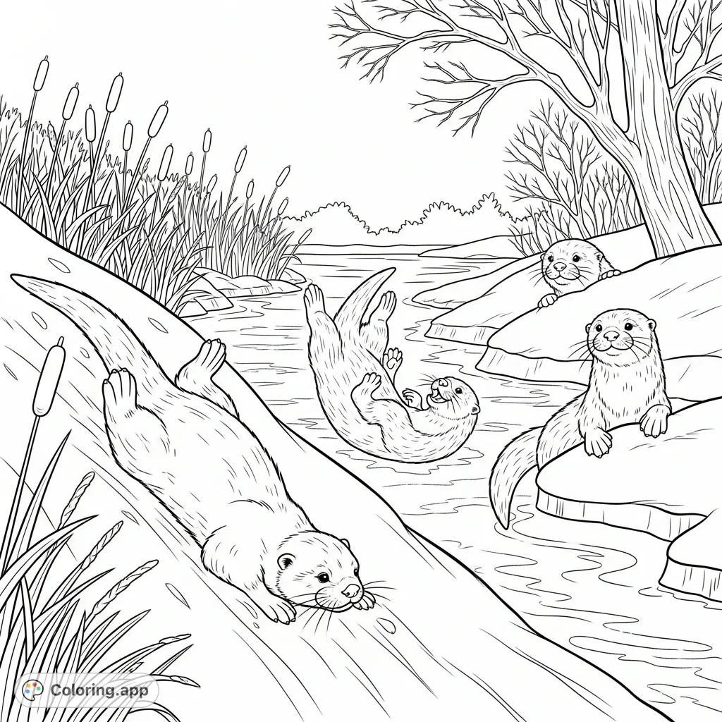 A delightful coloring page depicting joyful otters sliding and tumbling on a snowy riverbank beside a partially frozen winter river, with frosted nature.