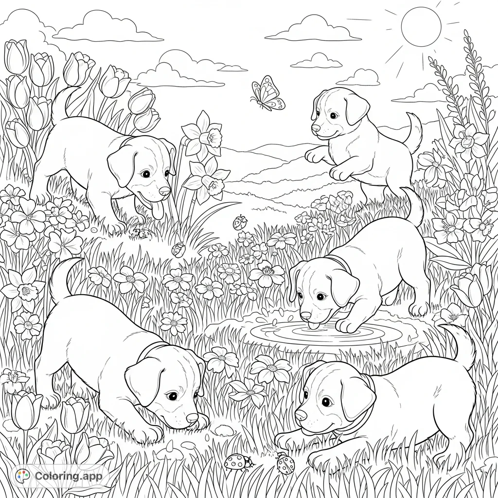 A charming spring meadow bustling with playful puppies exploring blooming flowers, chasing butterflies, and enjoying fresh green grass under a sunny sky.