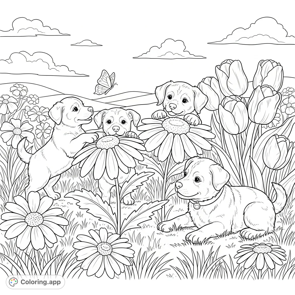 Adorable puppies explore a vibrant, sun-drenched spring meadow, chasing butterflies and playing hide-and-seek among oversized, blooming flowers and rolling hills.