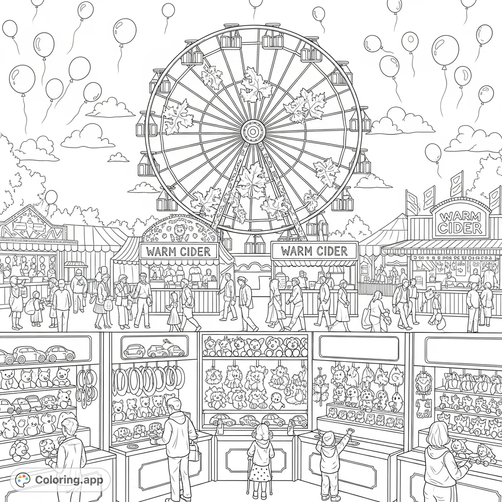 Step into a bustling retro autumn fairground! Families enjoy classic carnival games, a leaf-adorned Ferris wheel, and warm cider under a balloon-filled sky.