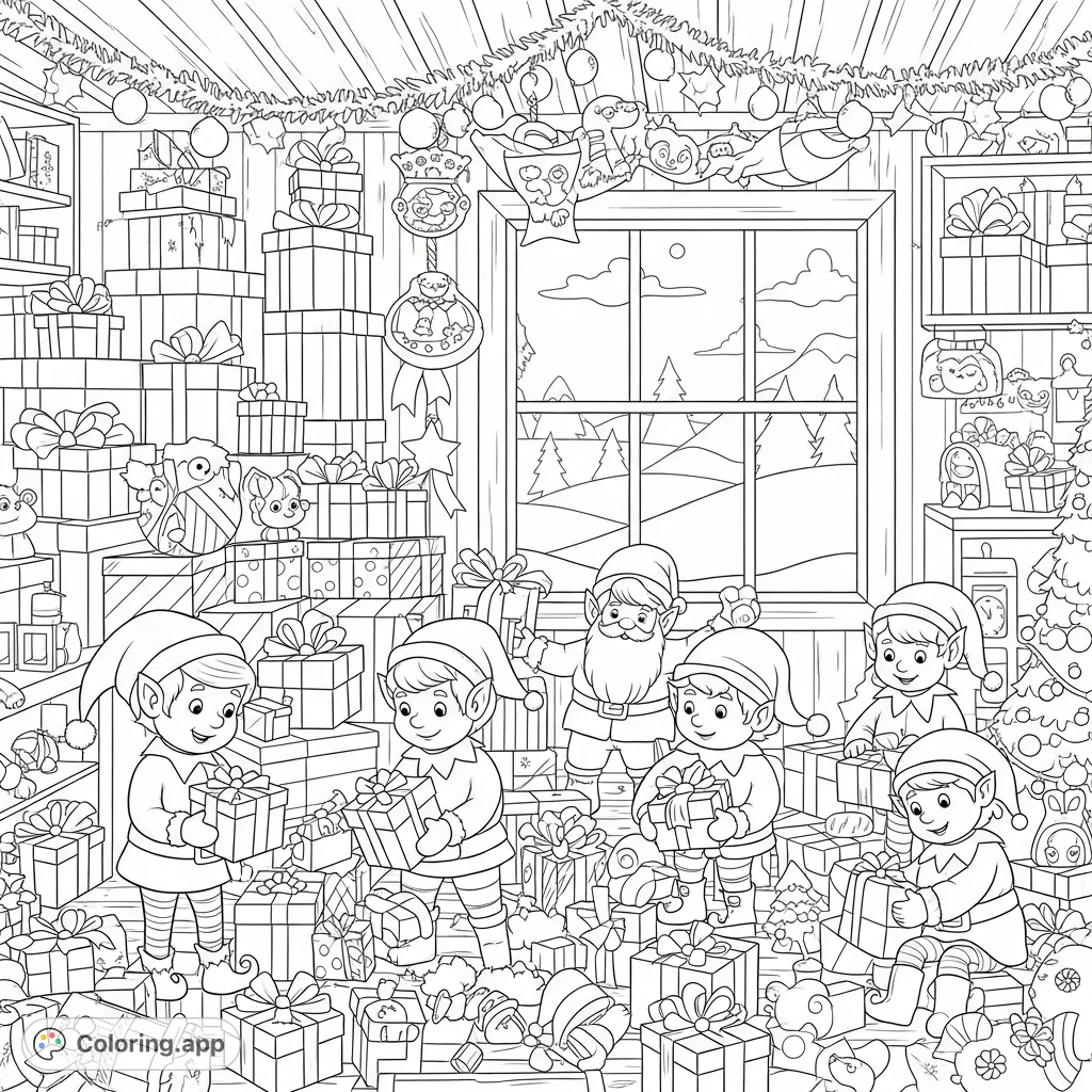Step into Santa's bustling workshop! Friendly elves, towering presents, and festive decorations fill the scene, with a snowy North Pole view.