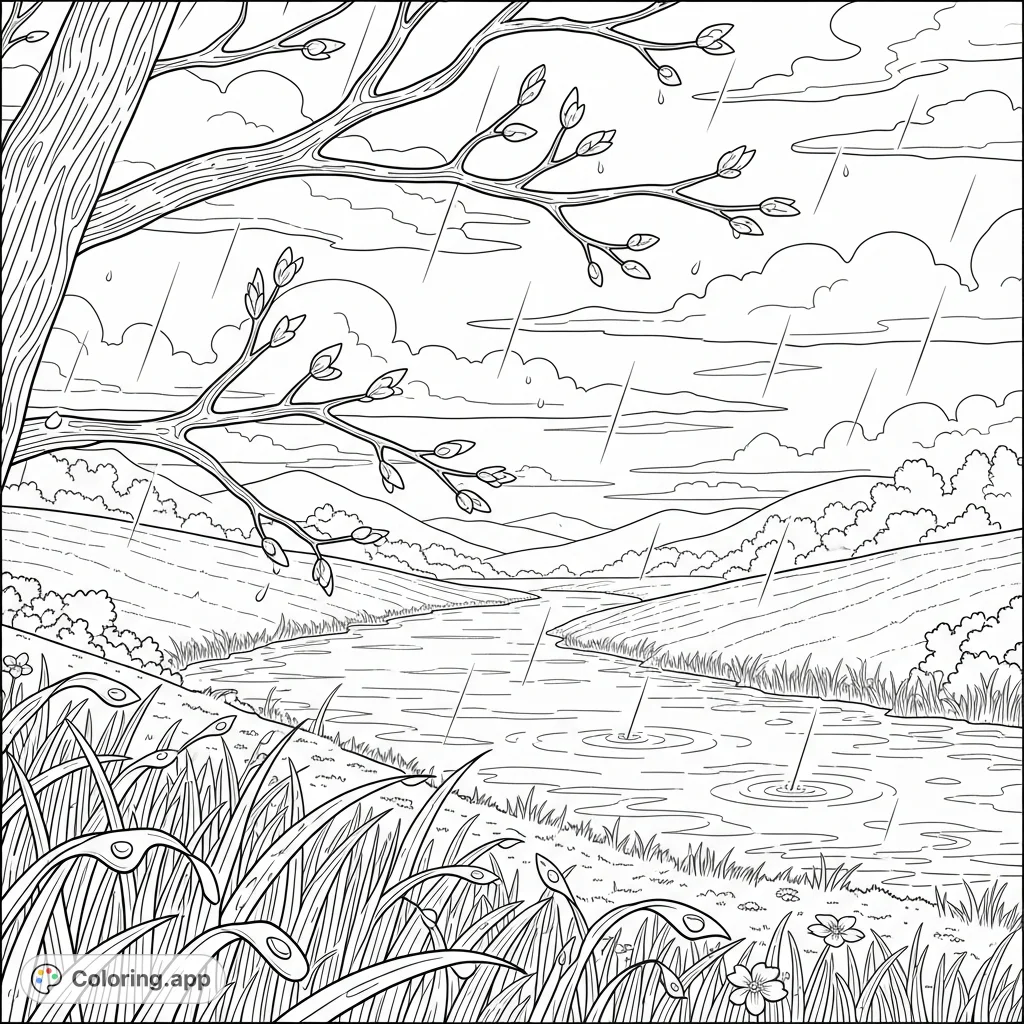 A peaceful spring landscape where gentle rain falls on budding branches and new grass. A tranquil river reflects the calm sky, with wildflowers emerging.