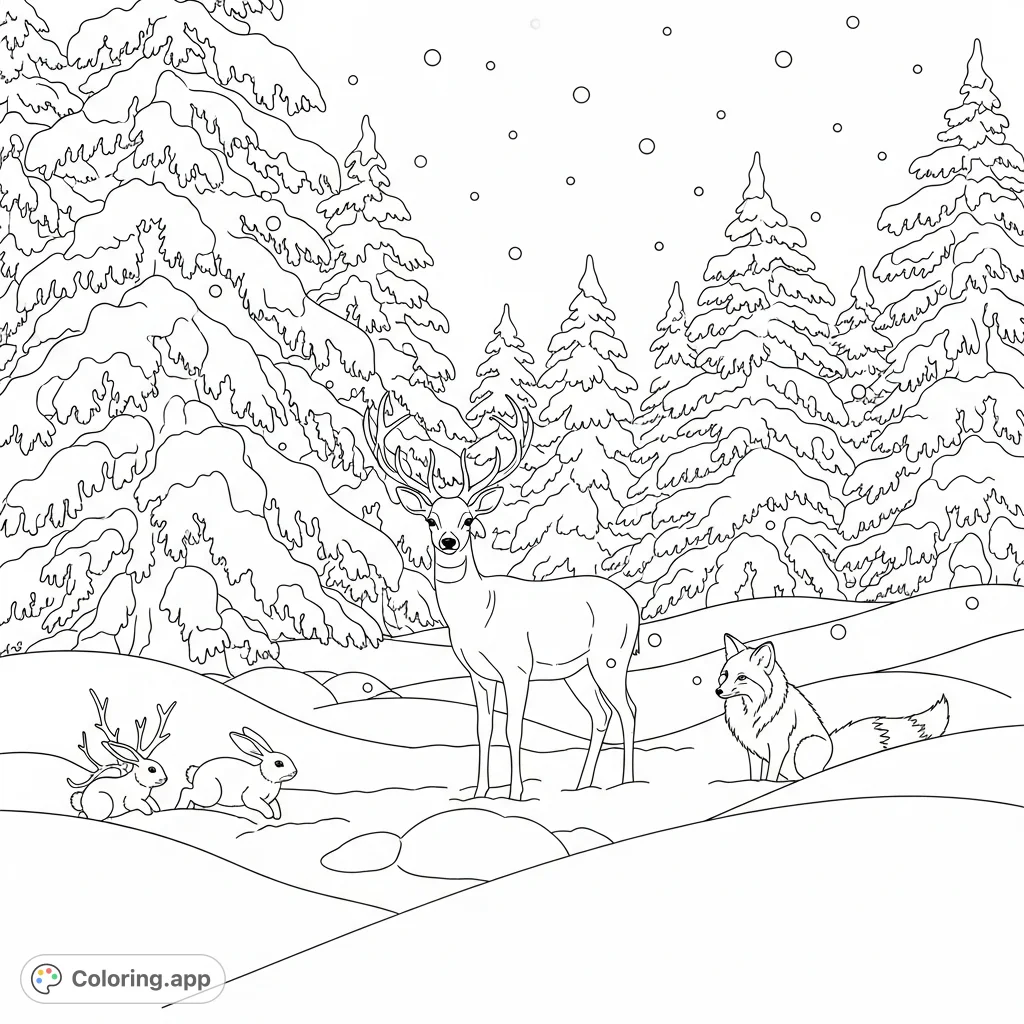 A peaceful winter forest scene featuring a graceful deer, a curious fox, and playful rabbits among snow-covered evergreen trees and falling snowflakes.