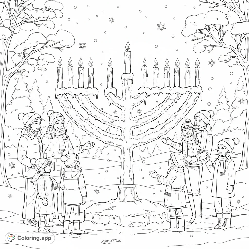 Capture the warmth of a magical outdoor Hanukkah in a snowy park. Children and adults surround a sparkling ice menorah with glowing candles, amidst snow-dusted trees and gentle flakes.