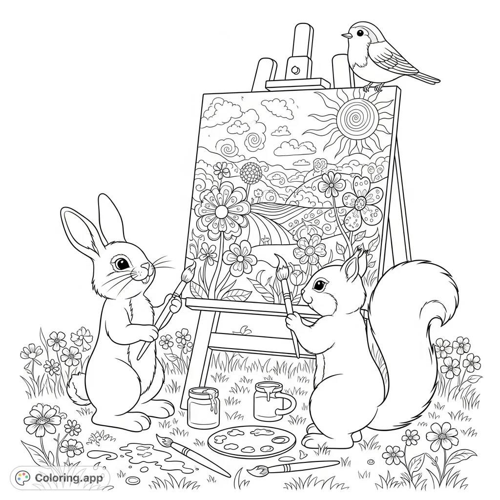 A delightful coloring page featuring spring animals collaborating on a whimsical mural in a vibrant meadow, surrounded by art supplies.