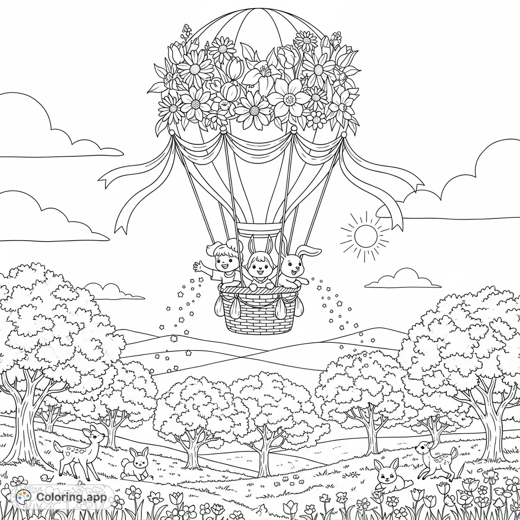 A hot air balloon adorned with spring flowers carries happy children and animals above a landscape of cherry blossom trees, bunnies, and wildflowers. A joyful scene.
