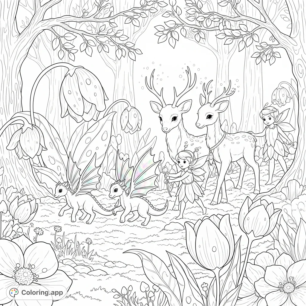 Witness a joyous procession of mythical creatures celebrating spring in an enchanted forest, featuring glowing antlers, petal-like wings, and shimmering dewdrops.