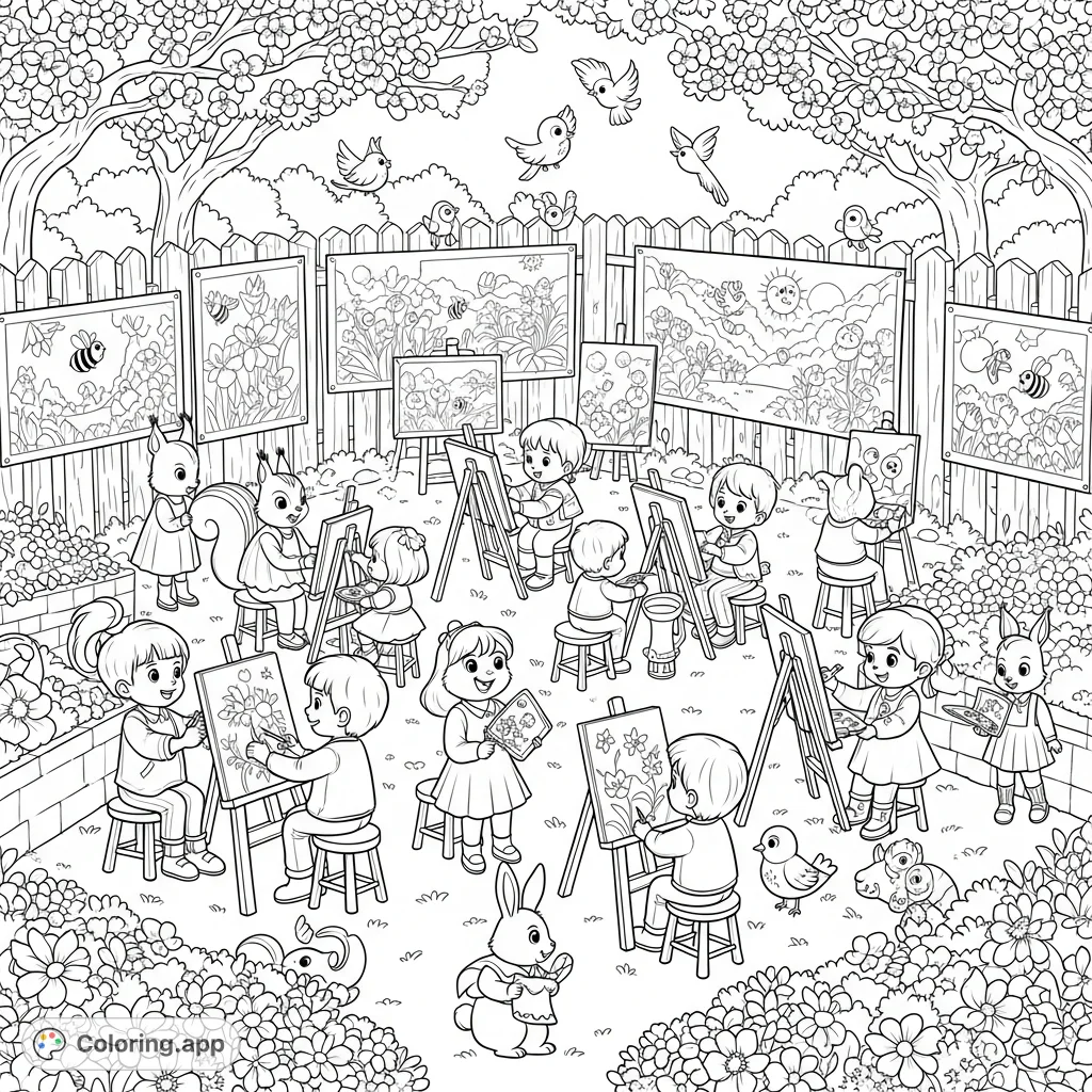 Join a joyful outdoor spring art festival where children and friendly forest animals create masterpieces amidst blooming trees, colorful paintings, and lush flower beds.