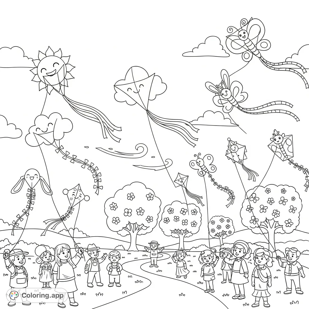 A joyful spring kite festival with whimsical cartoon characters flying creatively shaped kites, featuring blooming trees and a winding path under a clear sky.