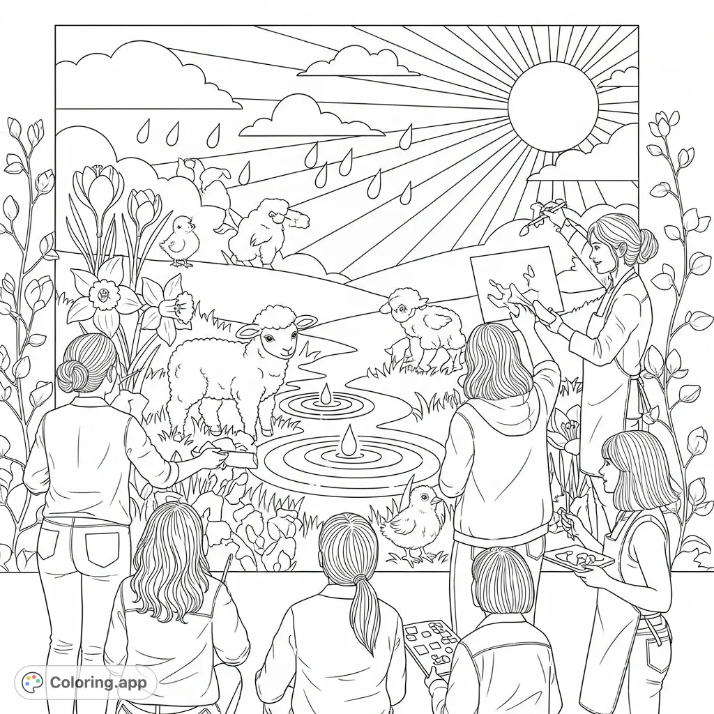 A heartwarming coloring page featuring diverse women collaborating on an outdoor mural bursting with spring flowers, playful baby animals, and gentle rain.