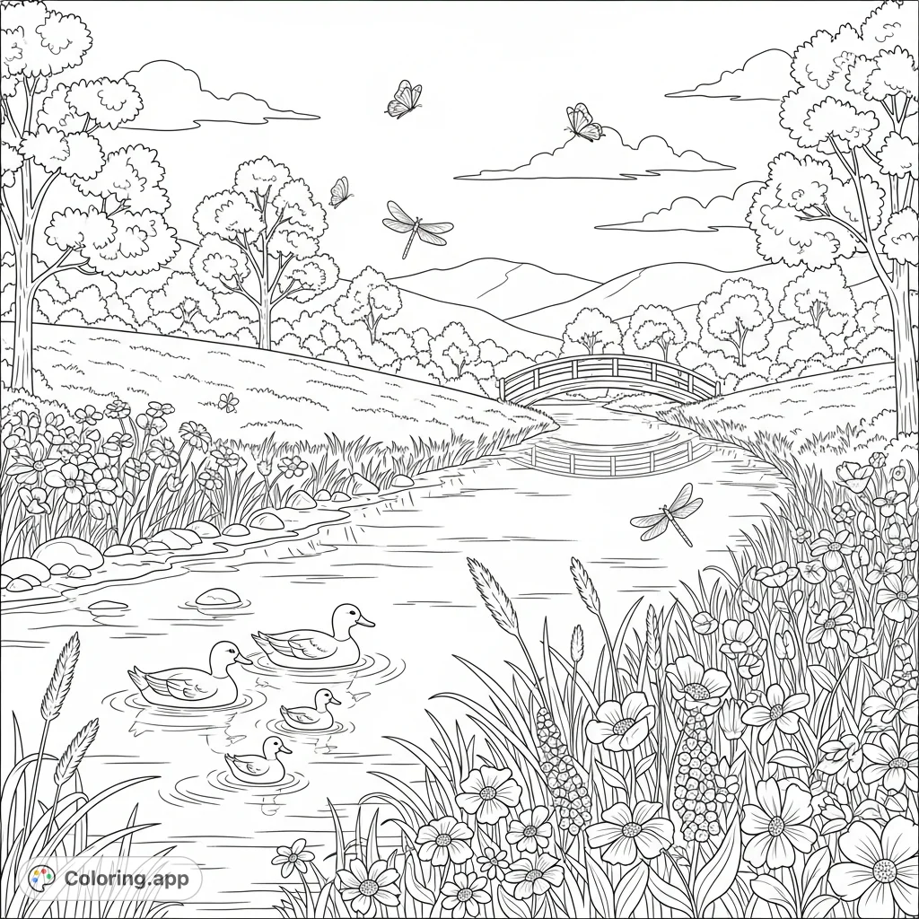 A tranquil spring river scene featuring a winding river, lush banks with wildflowers, distant hills, a family of ducks, fluttering insects, and a wooden bridge.
