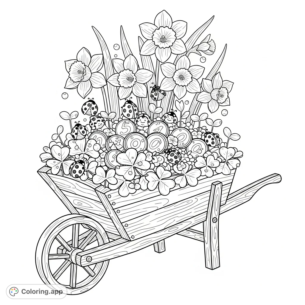 A charming vintage wheelbarrow brimming with shamrocks, daffodils, 'golden' coins, dewdrops, and playful ladybugs for a festive spring scene.
