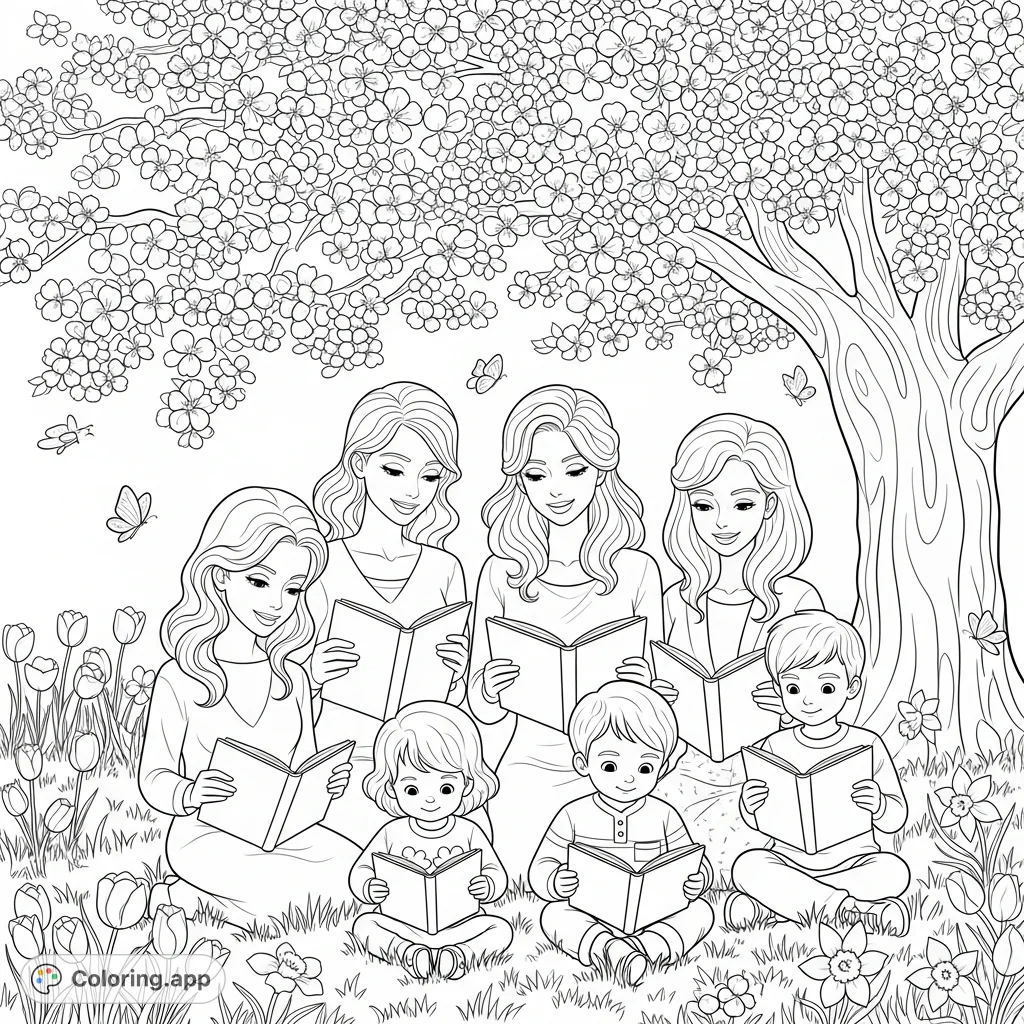 A beautiful spring scene with women and children reading storybooks under a magnificent cherry blossom tree, surrounded by cheerful flowers and butterflies.