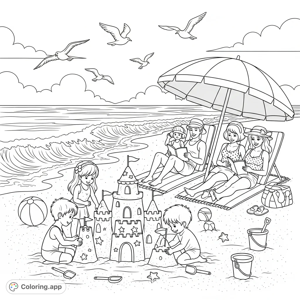 A lively summer beach scene featuring children building a detailed sandcastle, a relaxing family under a striped umbrella, and seagulls soaring over gentle waves.