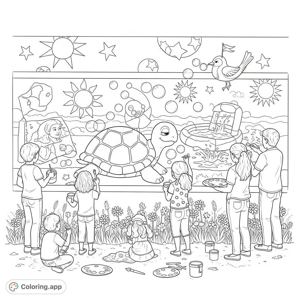A detailed community mural scene with diverse people painting playful summer elements: suns, stars, animals, and wildflowers. Celebrate creativity!
