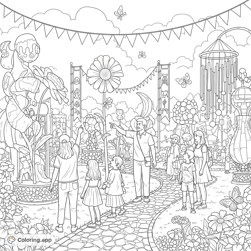 A lively outdoor art festival set in a sunny garden, featuring whimsical sculptures, mosaic paths, fluttering banners, and joyful visitors amidst blooming flowers.