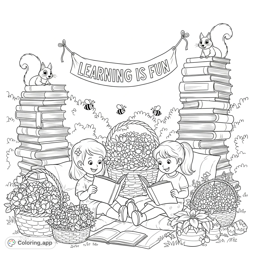 A delightful outdoor reading nook with children, flowers, bees, squirrels, and books in a sunny garden, featuring a 'Learning is Fun' banner. Perfect for summer.