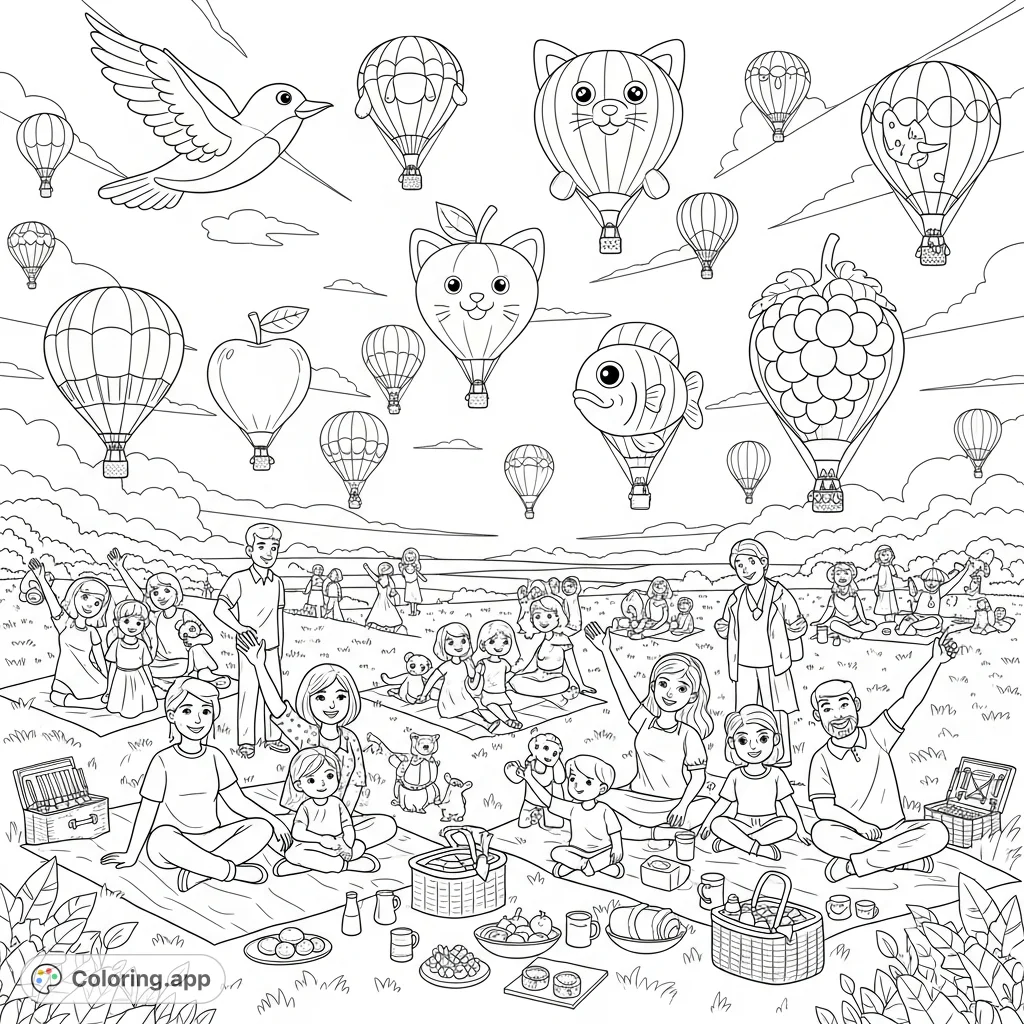 A vibrant summer hot air balloon festival featuring whimsical animal and fruit-shaped balloons soaring over a lively green meadow where families enjoy picnics.