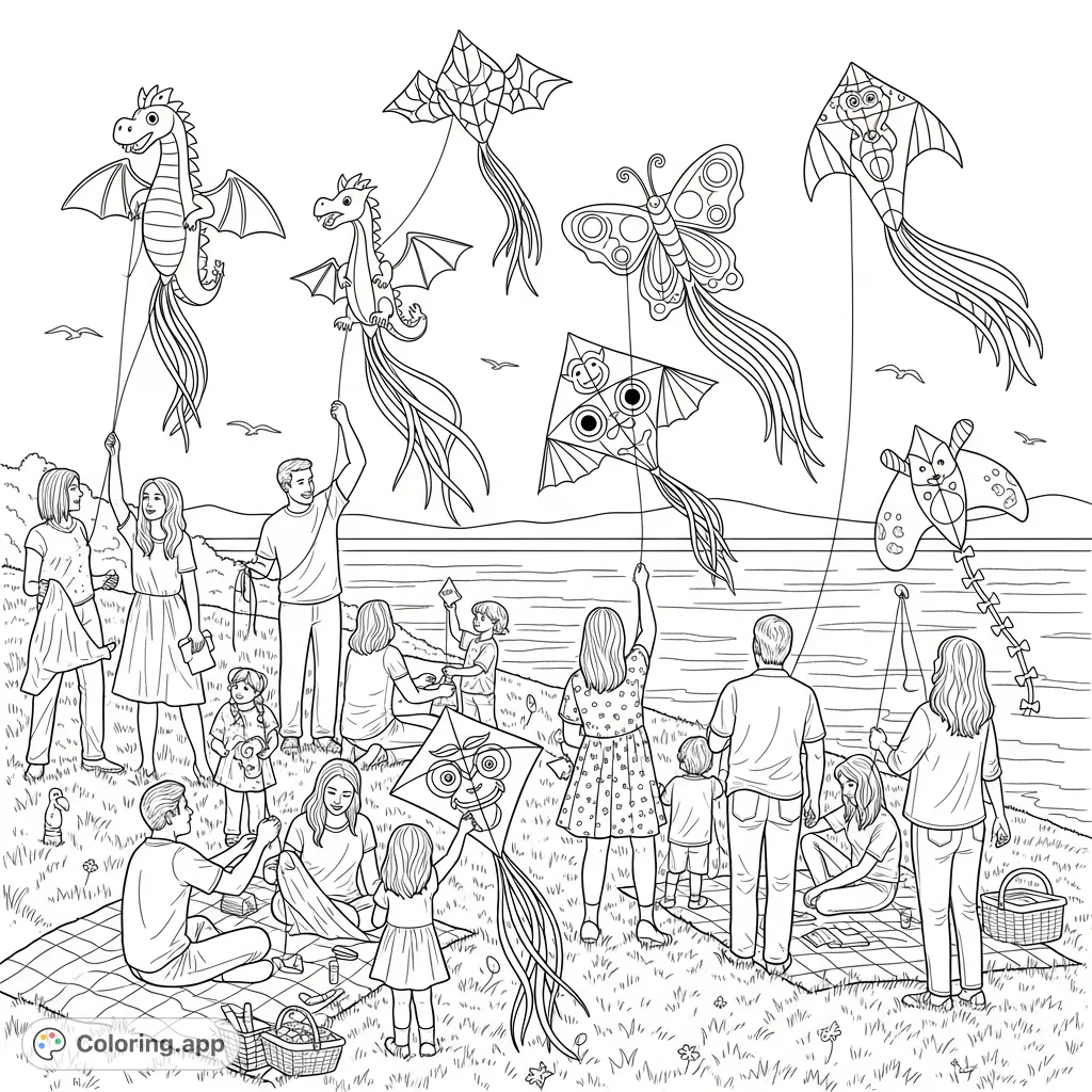 A delightful summer scene of families and children on a grassy hill, preparing to launch whimsically shaped kites over a calm, sparkling bay.