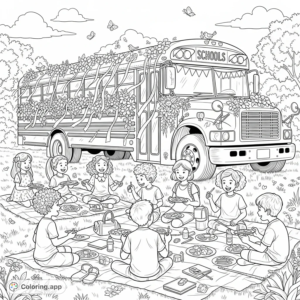 A cheerful coloring page depicting a decorated school bus in a sunny park meadow, with diverse children enjoying a picnic and new school supplies.