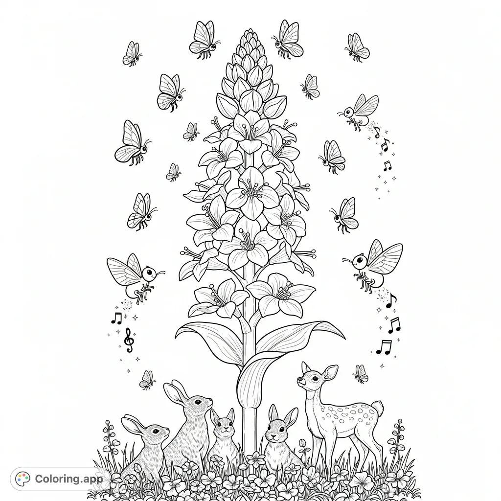 An enchanting spring coloring page featuring a colossal blooming flower, surrounded by whimsical flying creatures and adorable forest animals, all in a vibrant field.