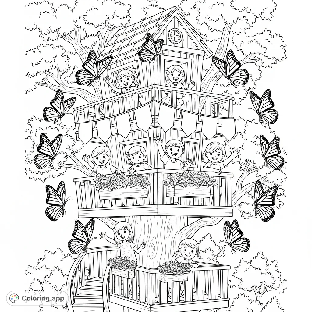 Children play in a detailed multi-level treehouse surrounded by monarch butterflies, flower boxes, and banners, depicting a lively summer scene.