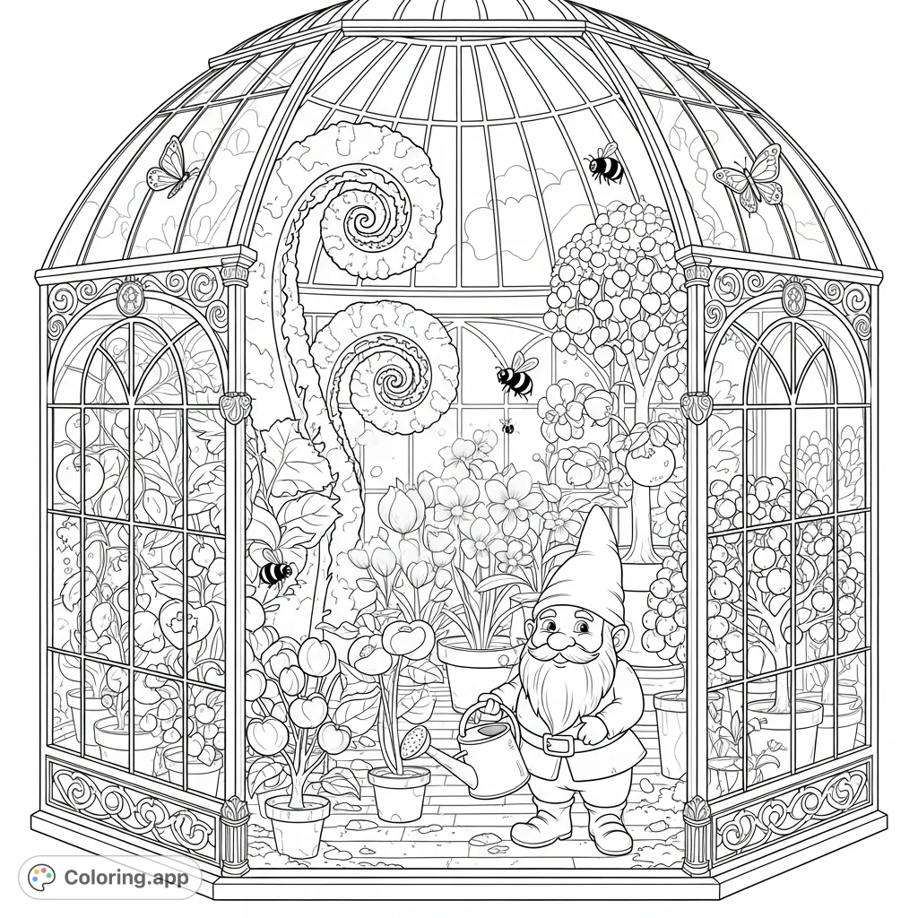 An ornate vintage glass greenhouse bursts with fantastical plants, a friendly gnome, buzzing bees, and butterflies, all bathed in soft sunlight.