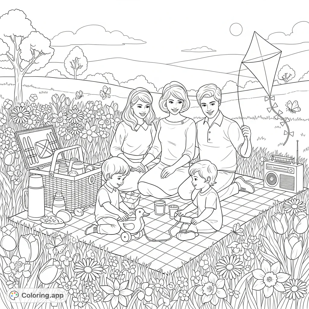 A delightful vintage-style coloring page featuring a happy family enjoying a spring picnic in a lush meadow filled with blooming flowers and classic items.