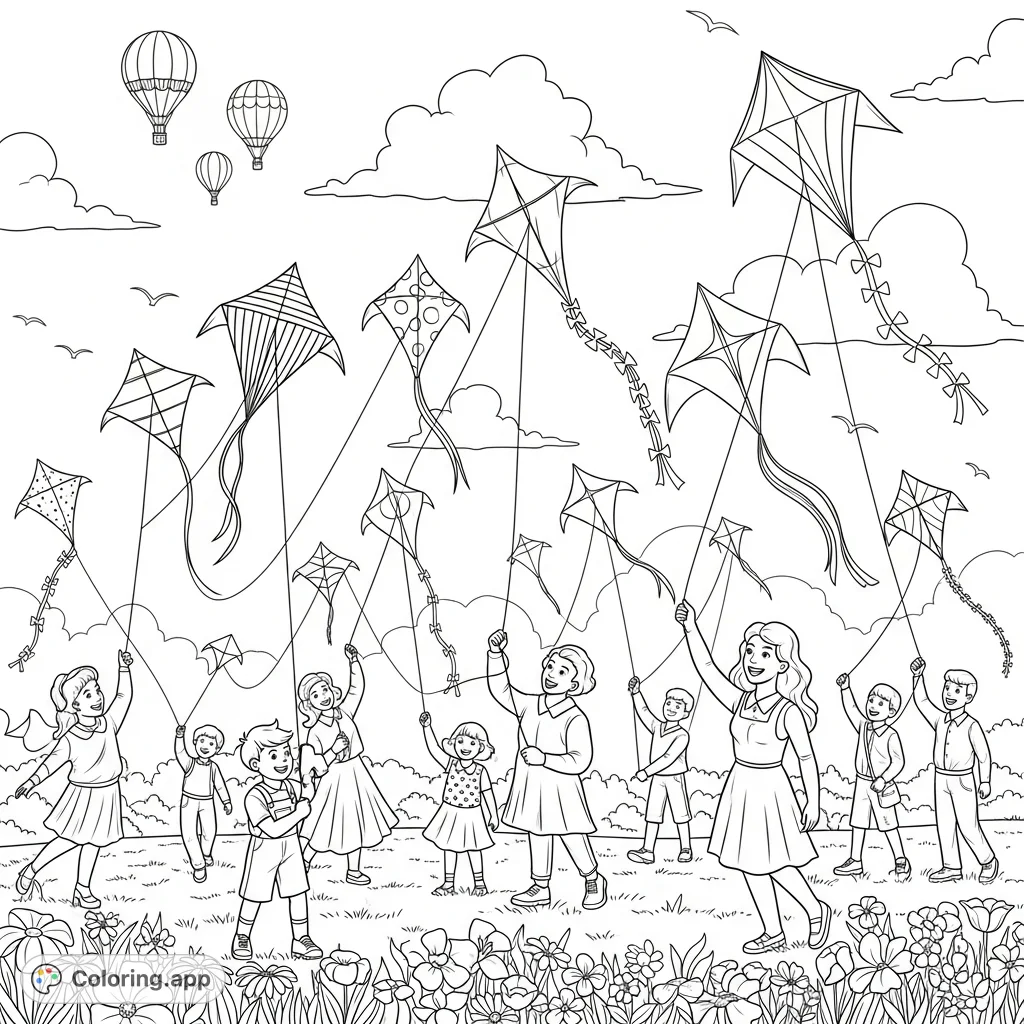 Capture the joy of a vintage spring kite festival with patterned kites, blooming flowers, and whimsical hot air balloons. A nostalgic outdoor scene.