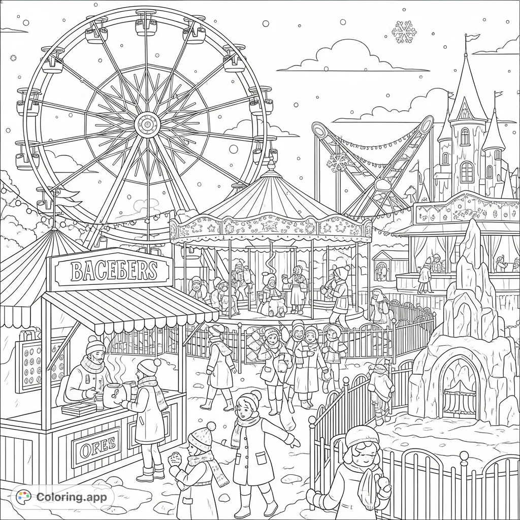 A detailed vintage winter carnival scene with classic rides, festive lights, visitors in retro attire, an ice castle sculpture, and falling snowflakes under a crisp sky.