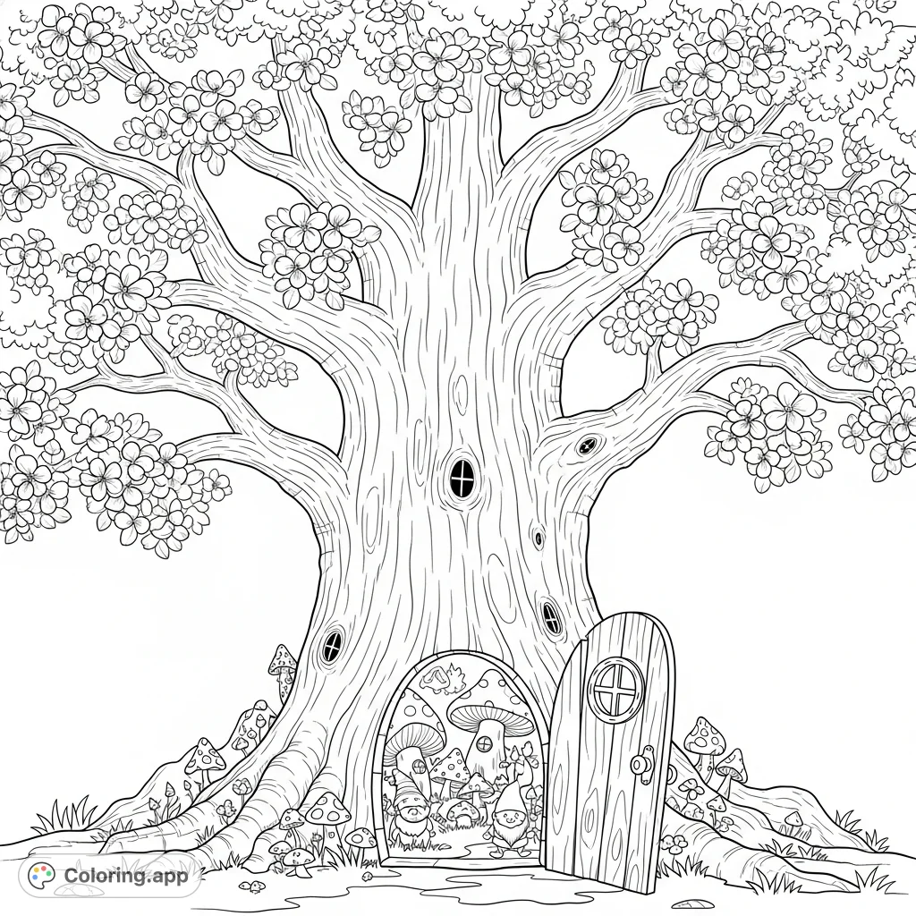 Color an ancient, majestic tree with abundant spring blossoms and lush leaves. A tiny, crooked door at its base reveals a secret, whimsical world of gnomes and mushroom houses.