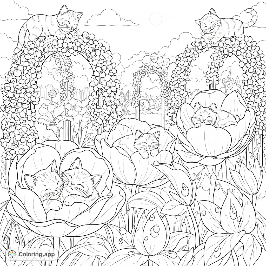A delightful scene with playful kittens exploring a whimsical playground intertwined with a vibrant spring garden, featuring blossoming trellises and giant flower petals.
