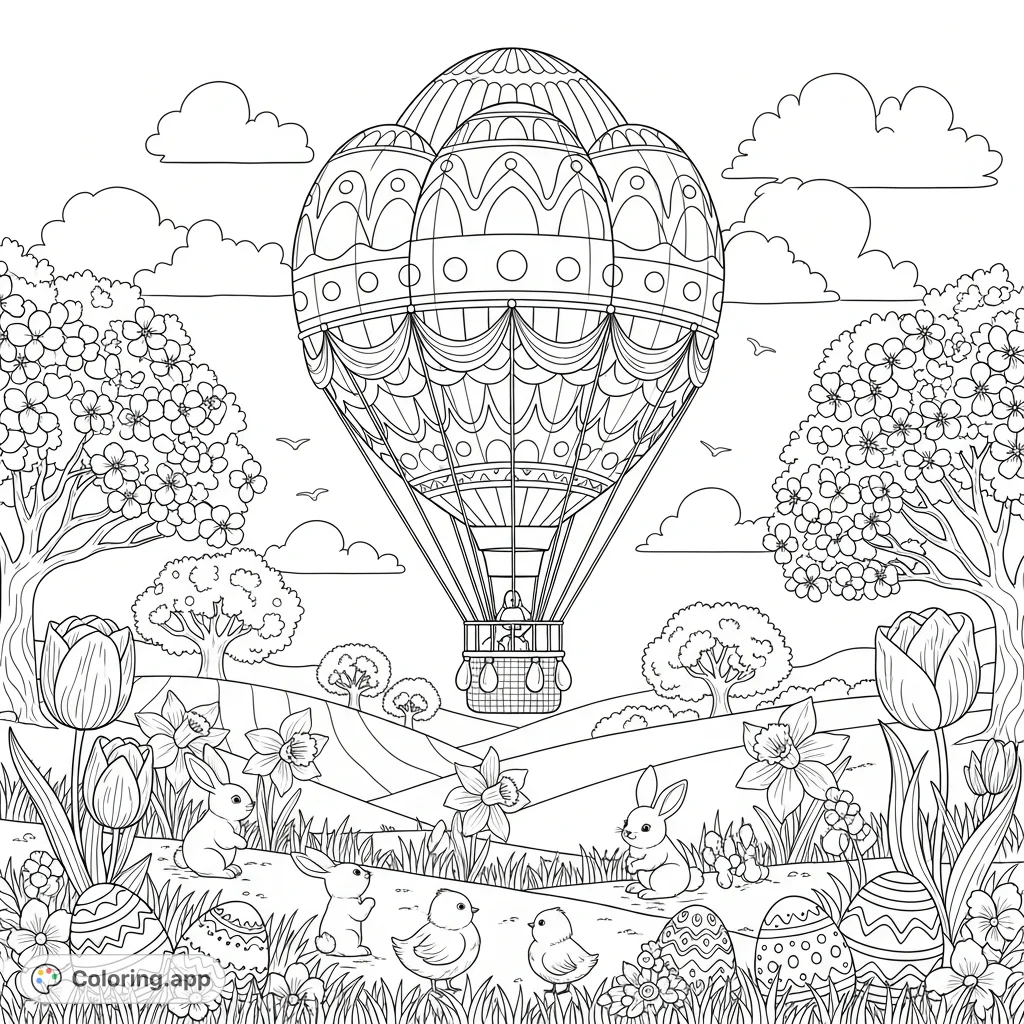 An enchanting Easter-themed coloring page featuring a magnificent egg-shaped hot air balloon ascending over a vibrant spring landscape with playful bunnies and chicks.