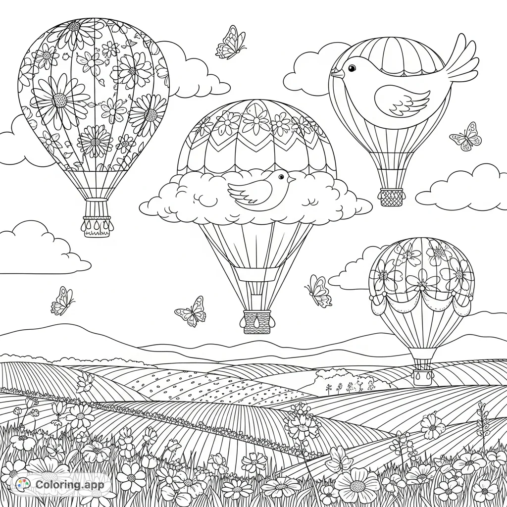 A delightful coloring page featuring whimsical hot air balloons with floral patterns soaring over a vibrant spring landscape bursting with wildflowers and butterflies.