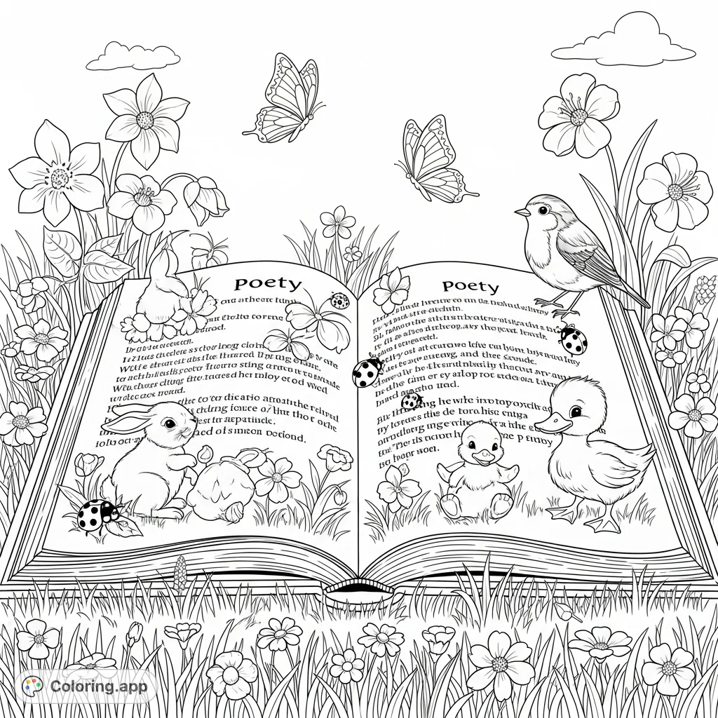 A delightful coloring page featuring a giant open poetry book in a spring meadow, adorned with flowers, baby animals, butterflies, and a robin.