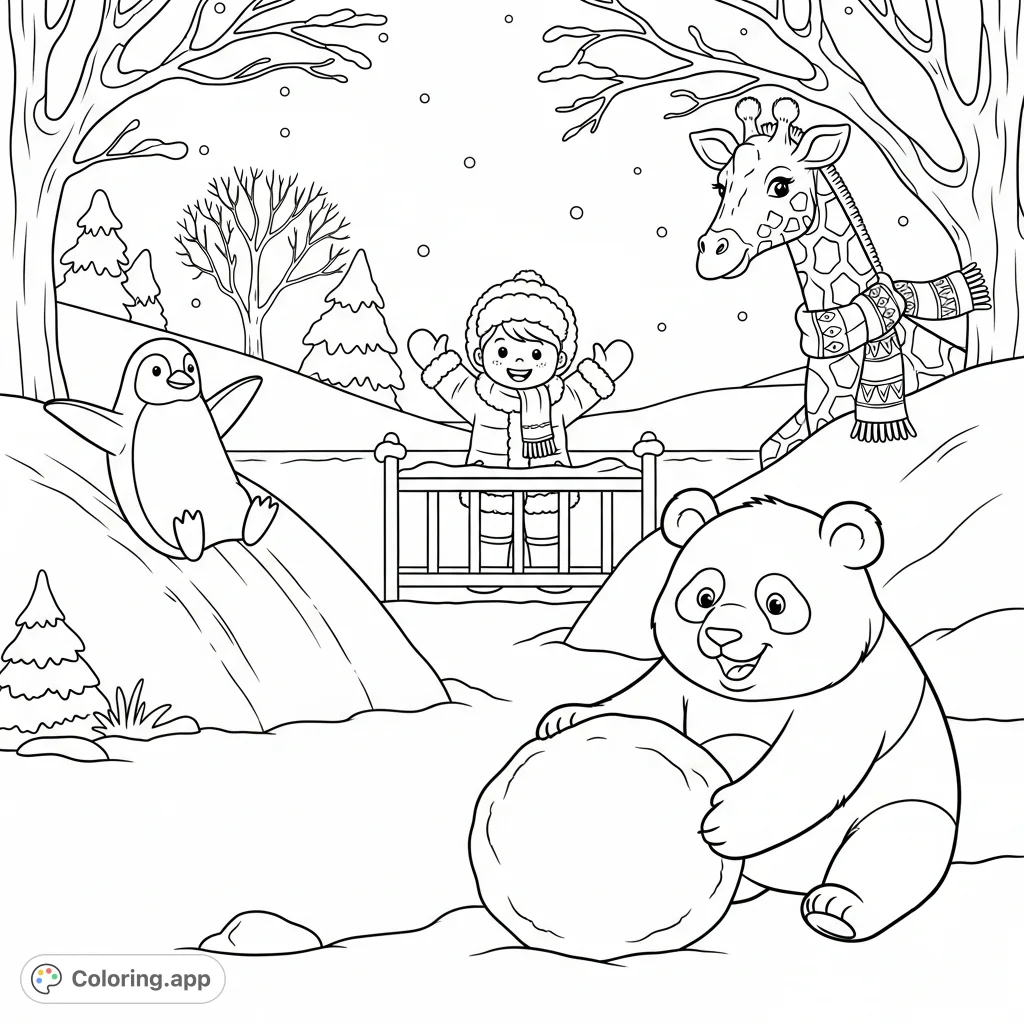 A joyful winter scene at the zoo featuring a playful panda, a curious giraffe, a cheerful penguin, and a smiling child enjoying a snowy day.