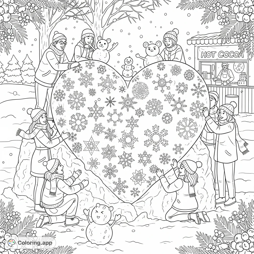 A heartwarming winter scene featuring diverse friends building a giant heart snow sculpture with intricate snowflakes, playful snow creatures, and a hot cocoa stand.