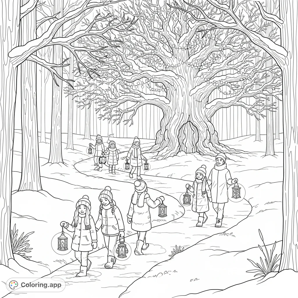 Experience the magic of a Winter Solstice lantern walk through a snow-covered forest with figures carrying glowing lanterns towards an ancient, light-adorned oak tree.